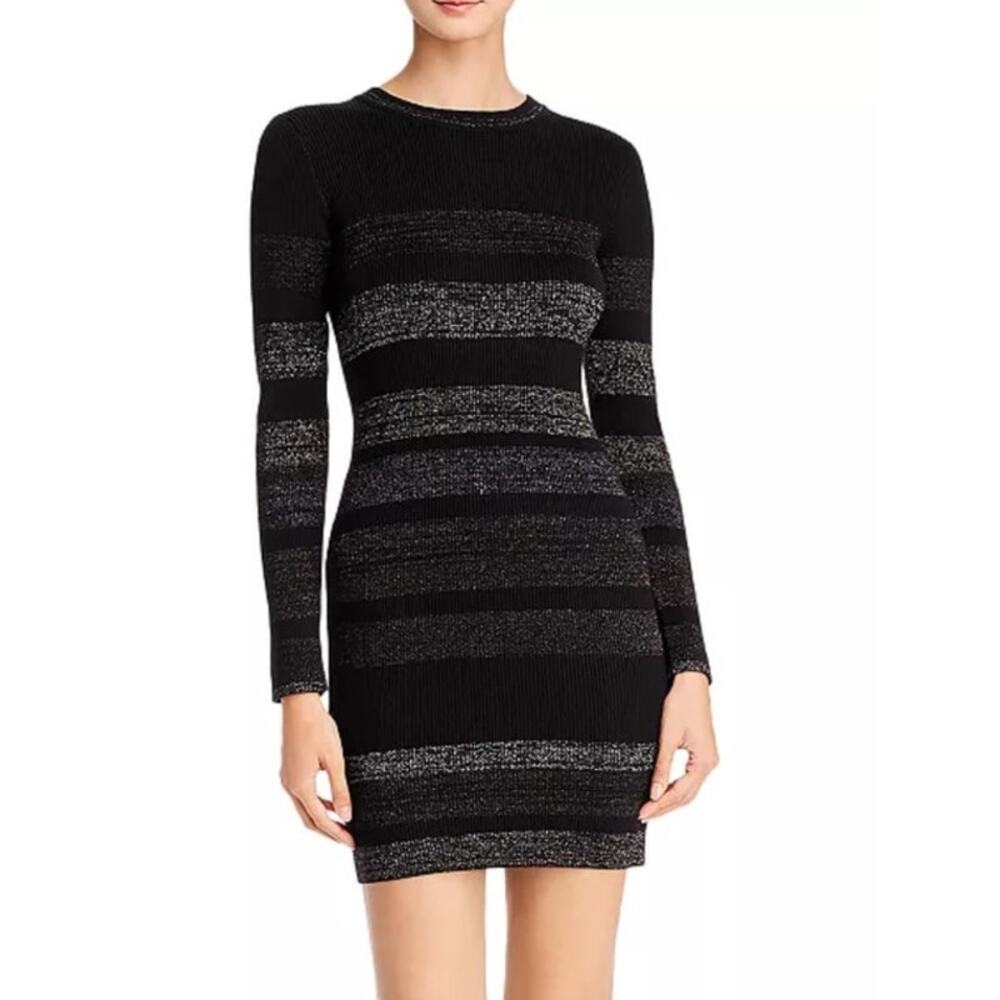 John + Jenn Black Metallic Striped Rib Long Sleeve Sweater Dress Women's Large